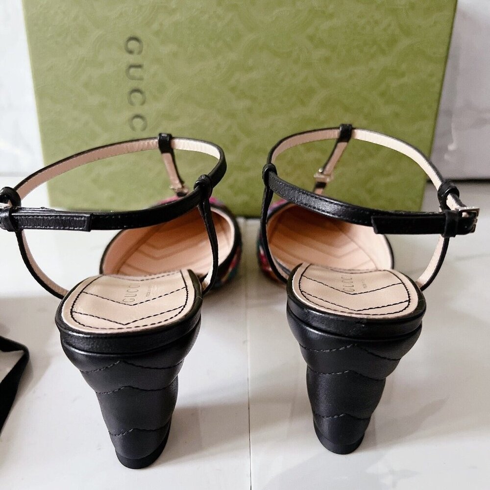 Gucci Marmont 55mm Tweed T-strap Pumps Pink/ Blue/ Black Size EU 39 - Picture 9 of 13